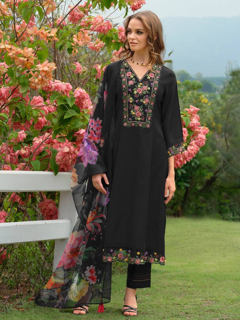 Black embroidered liva kurta trouser dupatta set