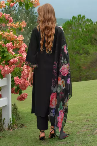 Black embroidered liva kurta trouser dupatta set