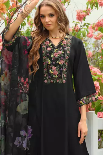Black embroidered liva kurta trouser dupatta set