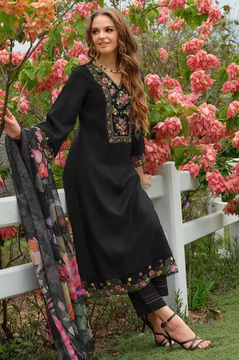 Black embroidered liva kurta trouser dupatta set