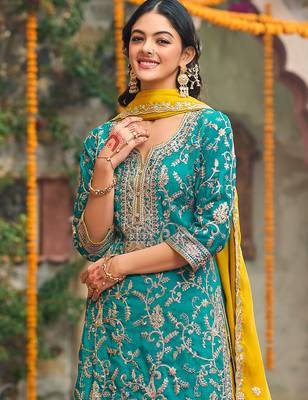 Blue embroidered silk kurta trouser dupatta set 1
