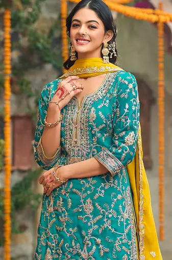 Blue embroidered silk kurta trouser dupatta set