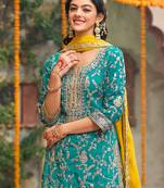 Blue embroidered silk kurta trouser dupatta set