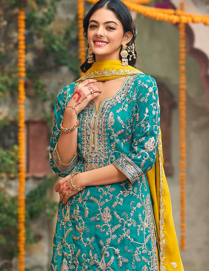 Blue embroidered silk kurta trouser dupatta set