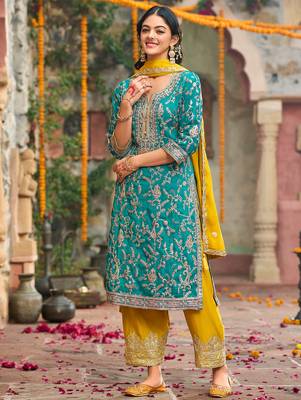 Blue embroidered silk kurta trouser dupatta set 2