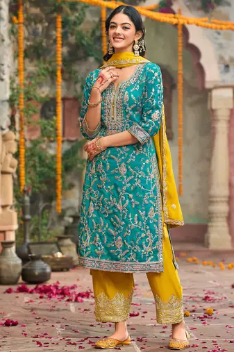 Blue embroidered silk kurta trouser dupatta set