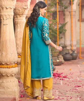 Blue embroidered silk kurta trouser dupatta set 3