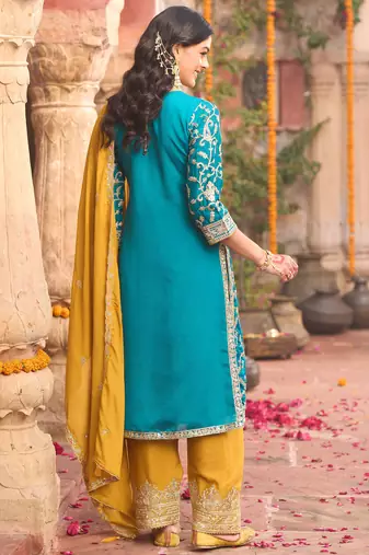 Blue embroidered silk kurta trouser dupatta set