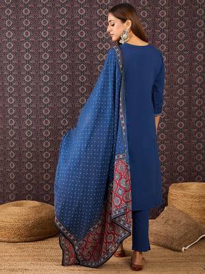 Blue printed pure cotton kurta trouser dupatta set 2