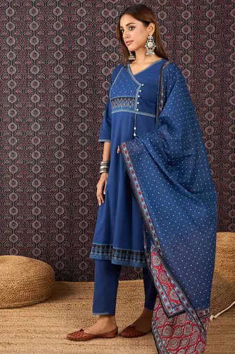 Blue printed pure cotton kurta trouser dupatta set