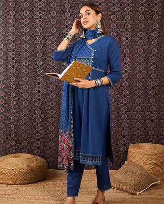 Blue printed pure cotton kurta trouser dupatta set 4