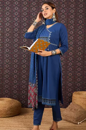 Blue printed pure cotton kurta trouser dupatta set