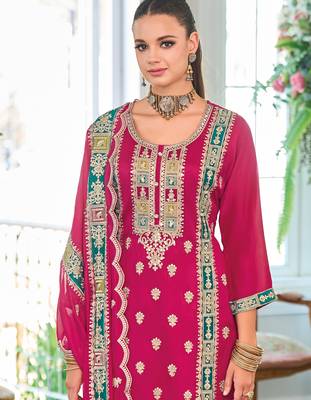 Pink embroidered chinon kurta trouser dupatta set 1