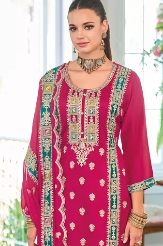 Pink embroidered chinon kurta trouser dupatta set