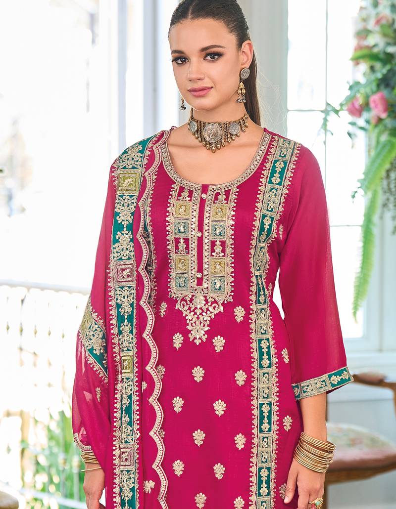 Pink embroidered chinon kurta trouser dupatta set