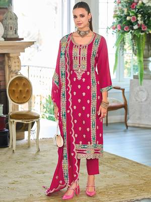 Pink embroidered chinon kurta trouser dupatta set 3