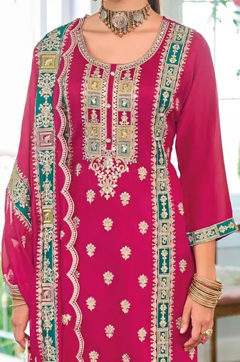 Pink embroidered chinon kurta trouser dupatta set