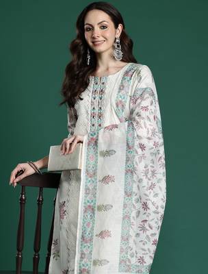 Cream printed pure cotton kurta trouser dupatta set 1