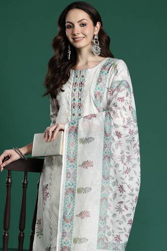 Cream printed pure cotton kurta trouser dupatta set