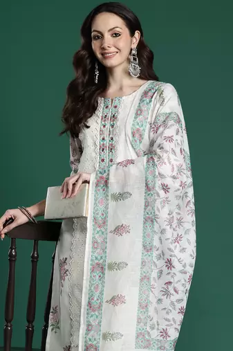 Cream printed pure cotton kurta trouser dupatta set