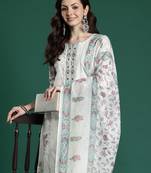 Cream printed pure cotton kurta trouser dupatta set
