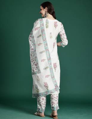 Cream printed pure cotton kurta trouser dupatta set 2