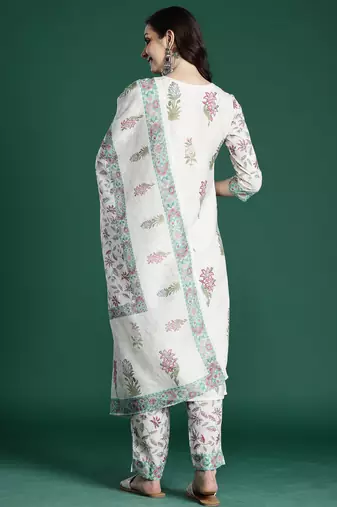 Cream printed pure cotton kurta trouser dupatta set