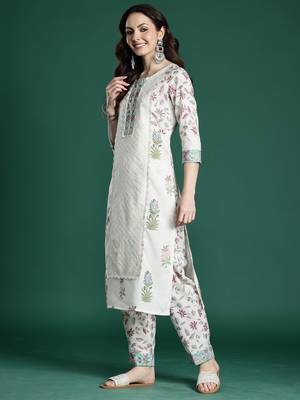 Cream printed pure cotton kurta trouser dupatta set 3