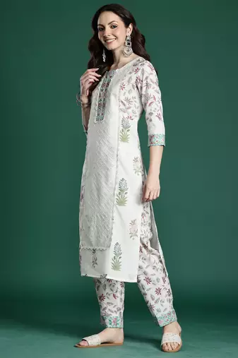 Cream printed pure cotton kurta trouser dupatta set