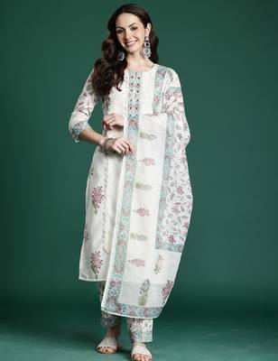 Cream printed pure cotton kurta trouser dupatta set 4