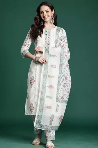 Cream printed pure cotton kurta trouser dupatta set