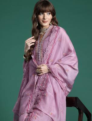 Purple embroidered organza kurta trouser dupatta set 1