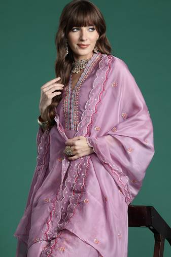Purple embroidered organza kurta trouser dupatta set
