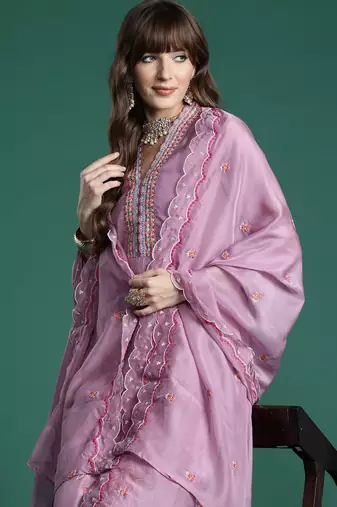 Purple embroidered organza kurta trouser dupatta set