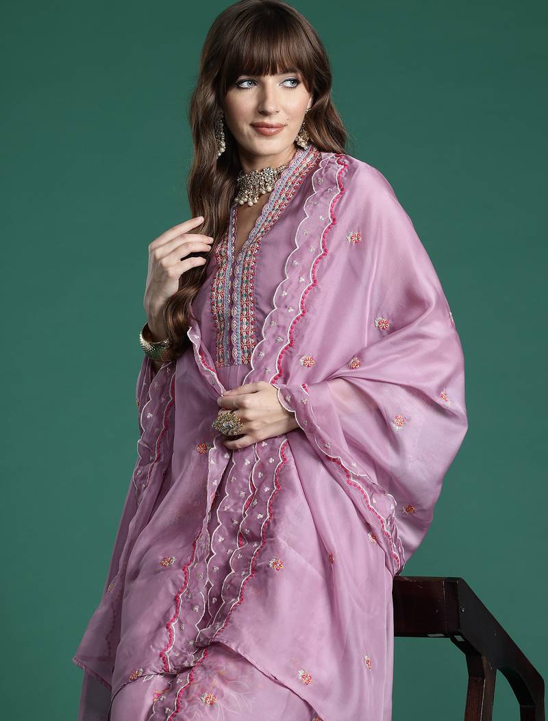 Purple embroidered organza kurta trouser dupatta set