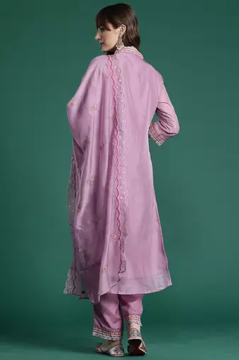 Purple embroidered organza kurta trouser dupatta set