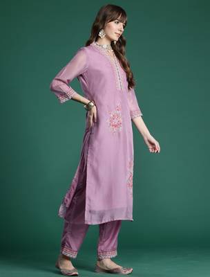 Purple embroidered organza kurta trouser dupatta set 3