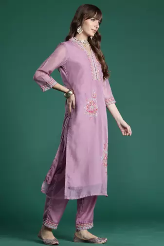 Purple embroidered organza kurta trouser dupatta set