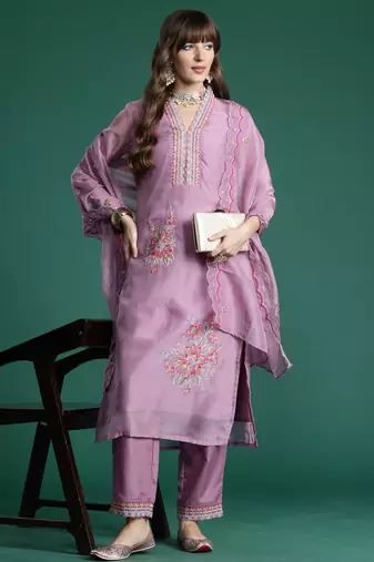 Purple embroidered organza kurta trouser dupatta set