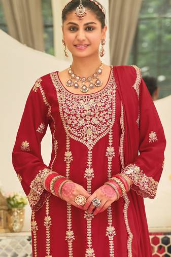 Red embroidered chinon kurta trouser dupatta set