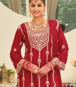 Red embroidered chinon kurta trouser dupatta set