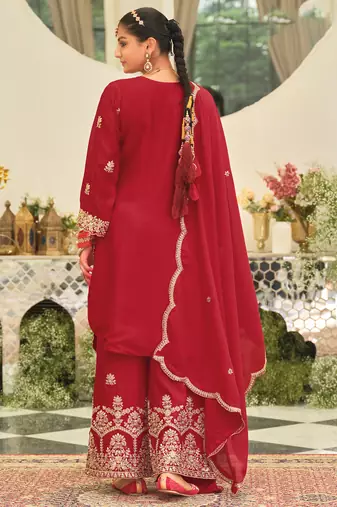 Red embroidered chinon kurta trouser dupatta set