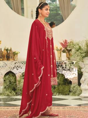 Red embroidered chinon kurta trouser dupatta set 3