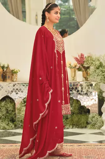 Red embroidered chinon kurta trouser dupatta set