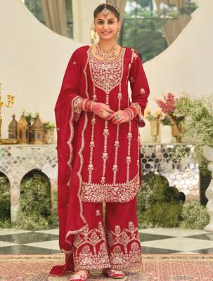 Red embroidered chinon kurta trouser dupatta set 4