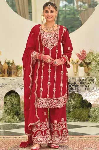 Red embroidered chinon kurta trouser dupatta set