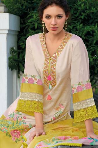 Yellow embroidered silk kurta trouser dupatta set