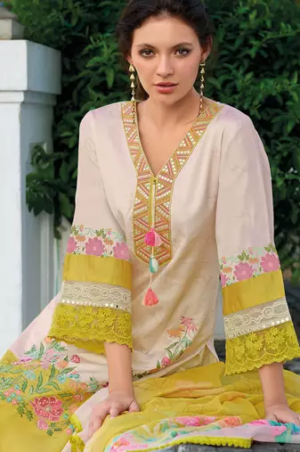 Yellow embroidered silk kurta trouser dupatta set