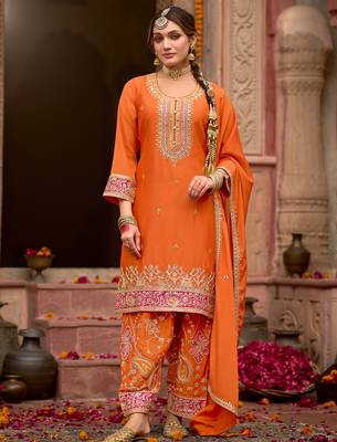 Orange embroidered chinon kurta trouser dupatta set 2