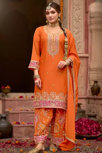 Orange embroidered chinon kurta trouser dupatta set